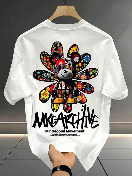 Men's Graphic Cotton T-Shirt With Sunflower Bear Print